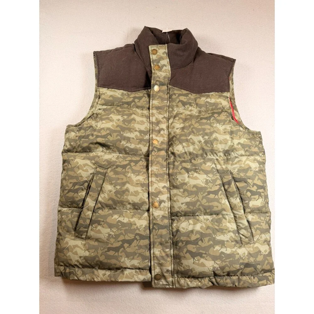 Brooks Brothers Duck Down Puffer Vest Men Medium Full Zip Printed Horse Camo
